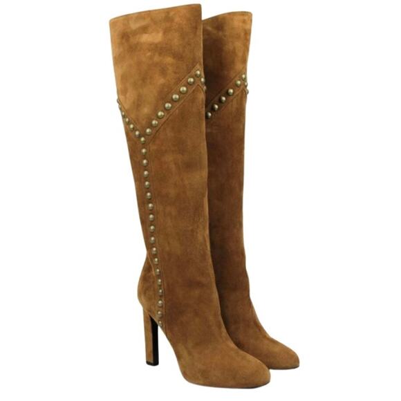 Saint Laurent Grace Y Studded Suede Heeled Knee High Boots in Brown/Tan IT36 - Picture 1 of 15
